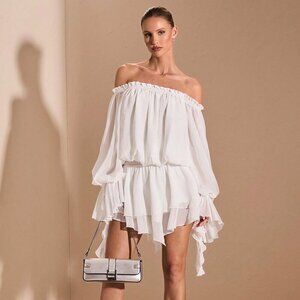 White Boho Women's Elegant French Style Off-Shoulder Long Sleeve Shirt Dress